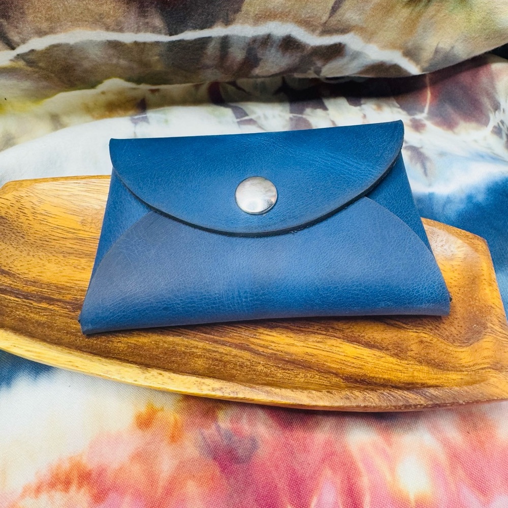 Rectangle card holder pouch smooth blue leather hand crafted holds coins